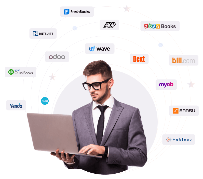 Applications we work with: FreshBooks, ADP, Zoho Books, NetSuite, Wave, Dext, Bill.com, Odoo, MYOB, QuickBooks, SAASU, Yendo, Xero, Tableau